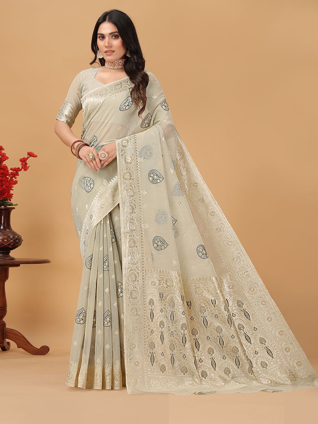 

RUDIT CREATION Zari Woven Ethnic Motifs Saree, Beige