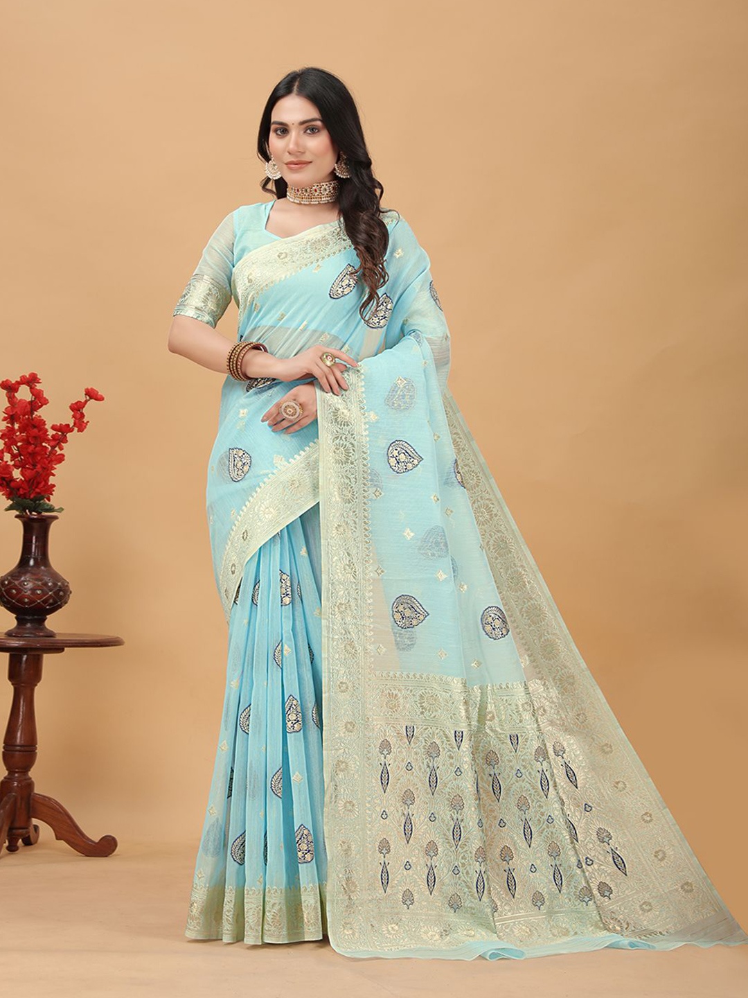 

RUDIT CREATION Ethnic Motifs Zari Linen Blend Saree, Blue