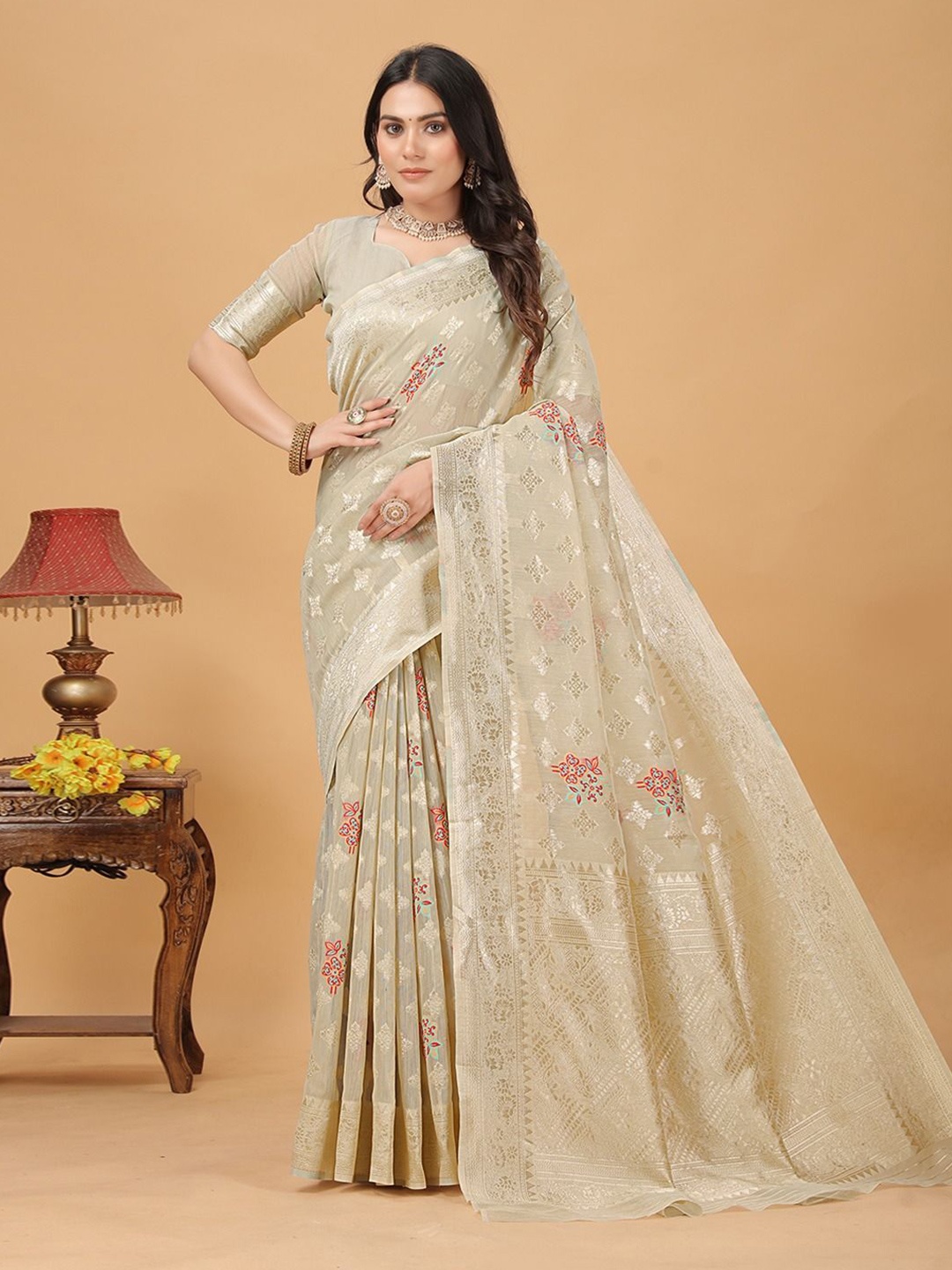

RUDIT CREATION Zari Woven Ethnic Motifs Saree, Beige