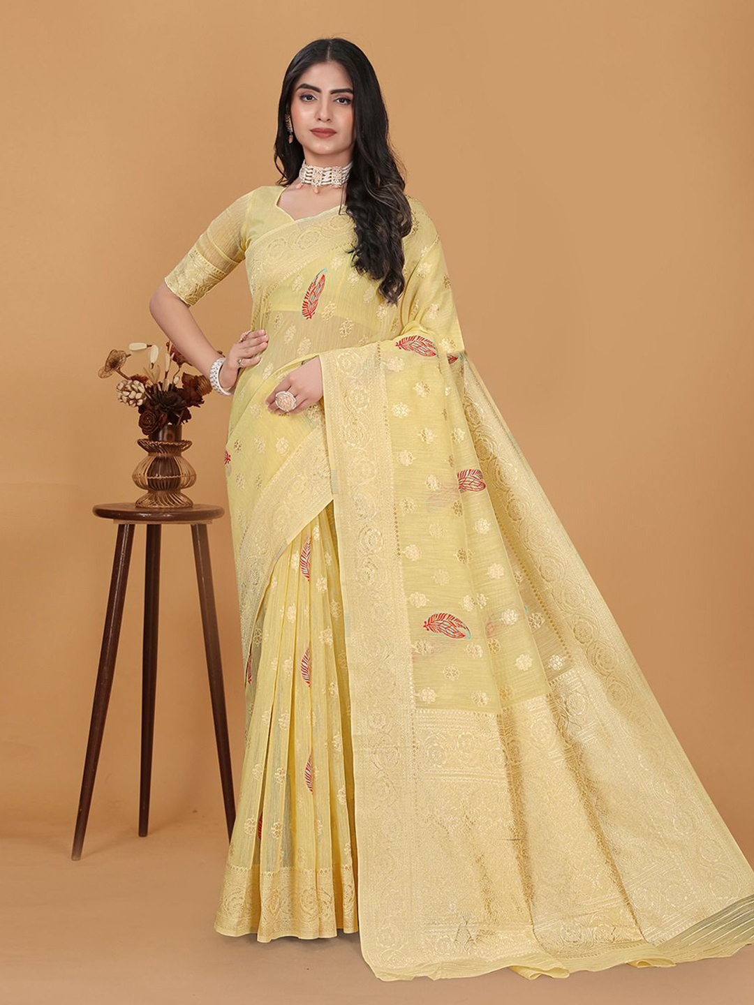 

RUDIT CREATION Zari Woven Ethnic Motifs Saree, Yellow