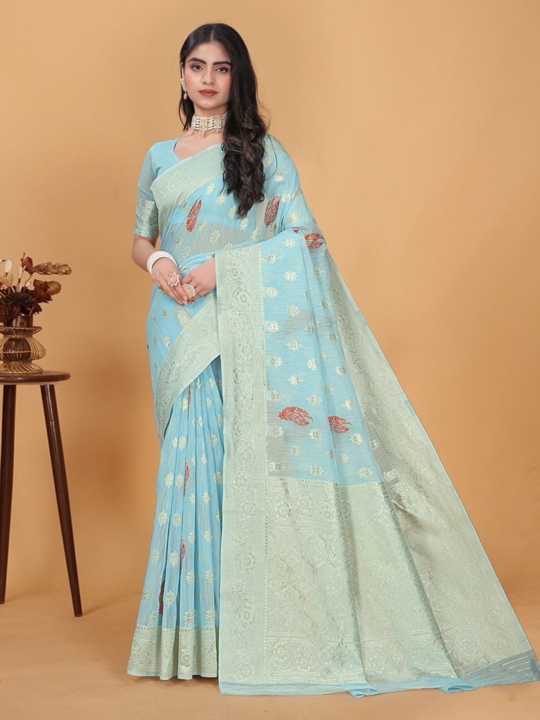 

RUDIT CREATION Zari Woven Ethnic Motifs Saree, Blue