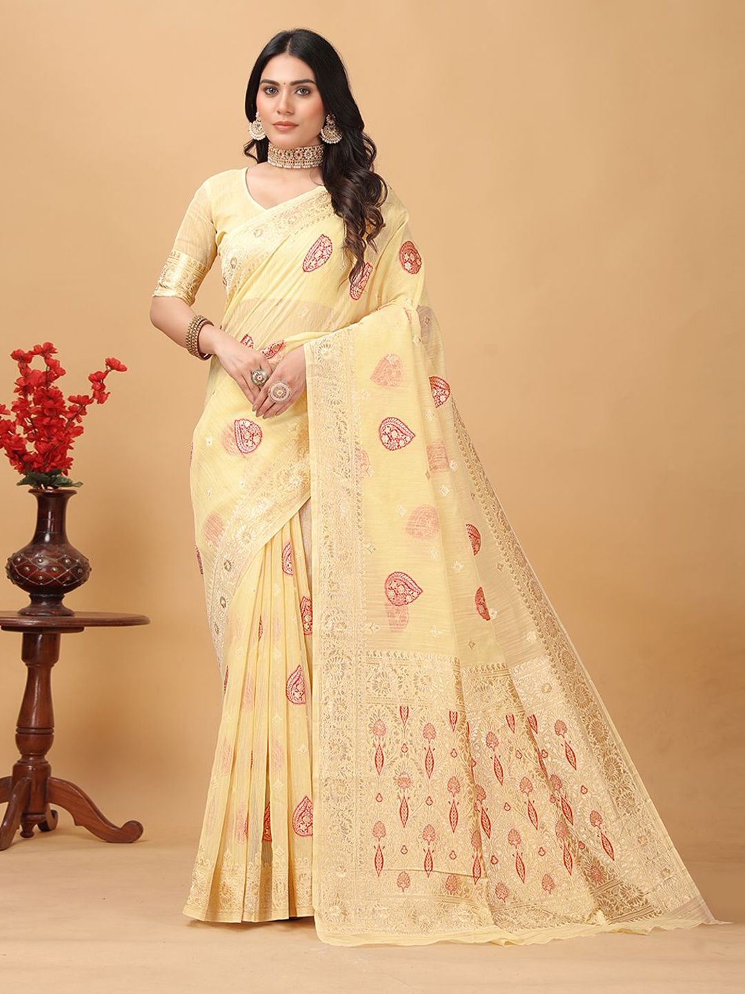 

RUDIT CREATION Zari Woven Ethnic Motifs Saree, Yellow