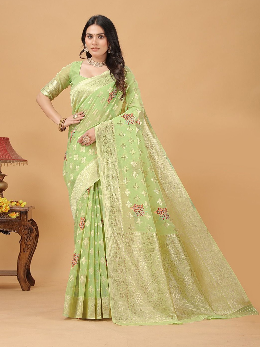 

RUDIT CREATION Ethnic Motifs Zari Saree, Green
