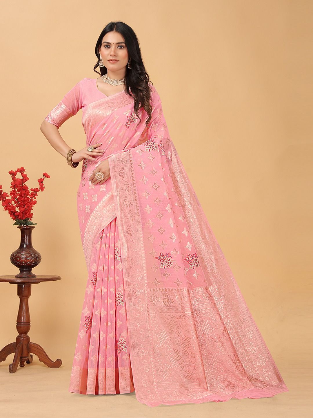 

RUDIT CREATION Ethnic Motifs Zari Linen Blend Saree, Pink