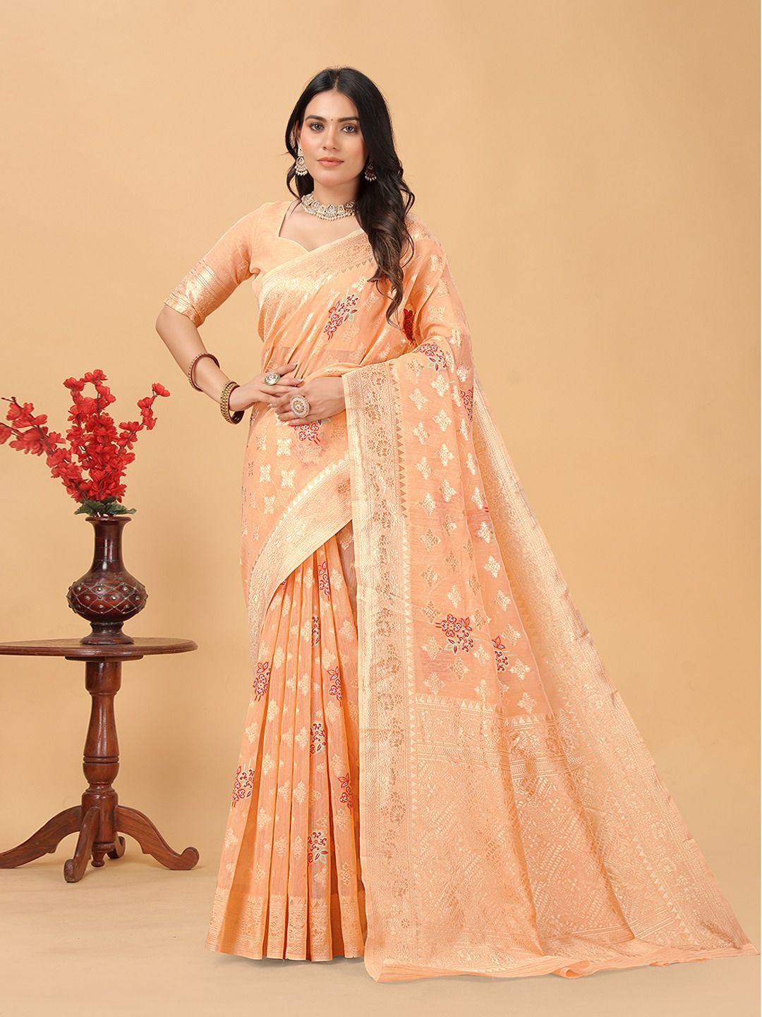 

RUDIT CREATION Ethnic Motifs Zari Saree, Peach