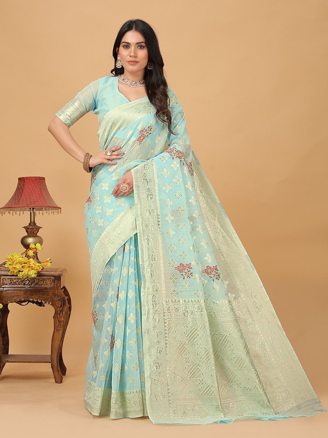 

RUDIT CREATION Ethnic Motifs Zari Saree, Blue