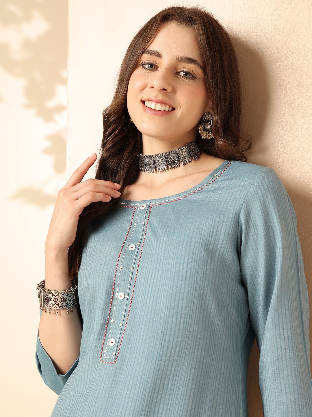 

Anouk Striped Round Neck Straight Kurta, Blue