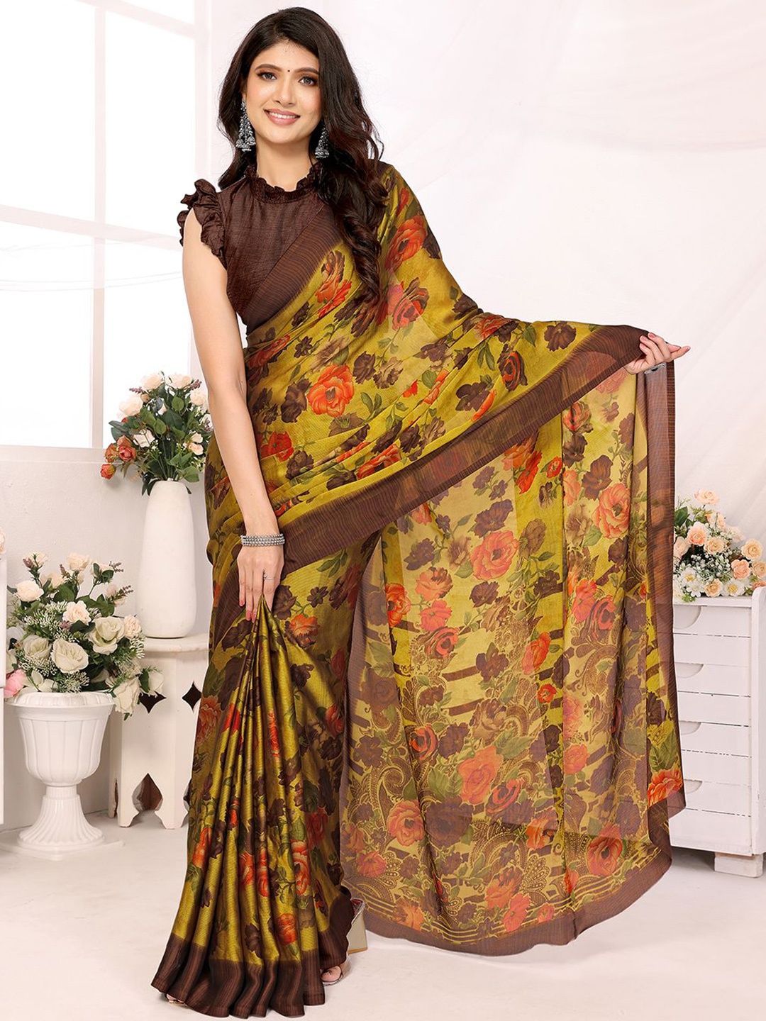 

FABMORA Floral Pure Chiffon Saree, Yellow