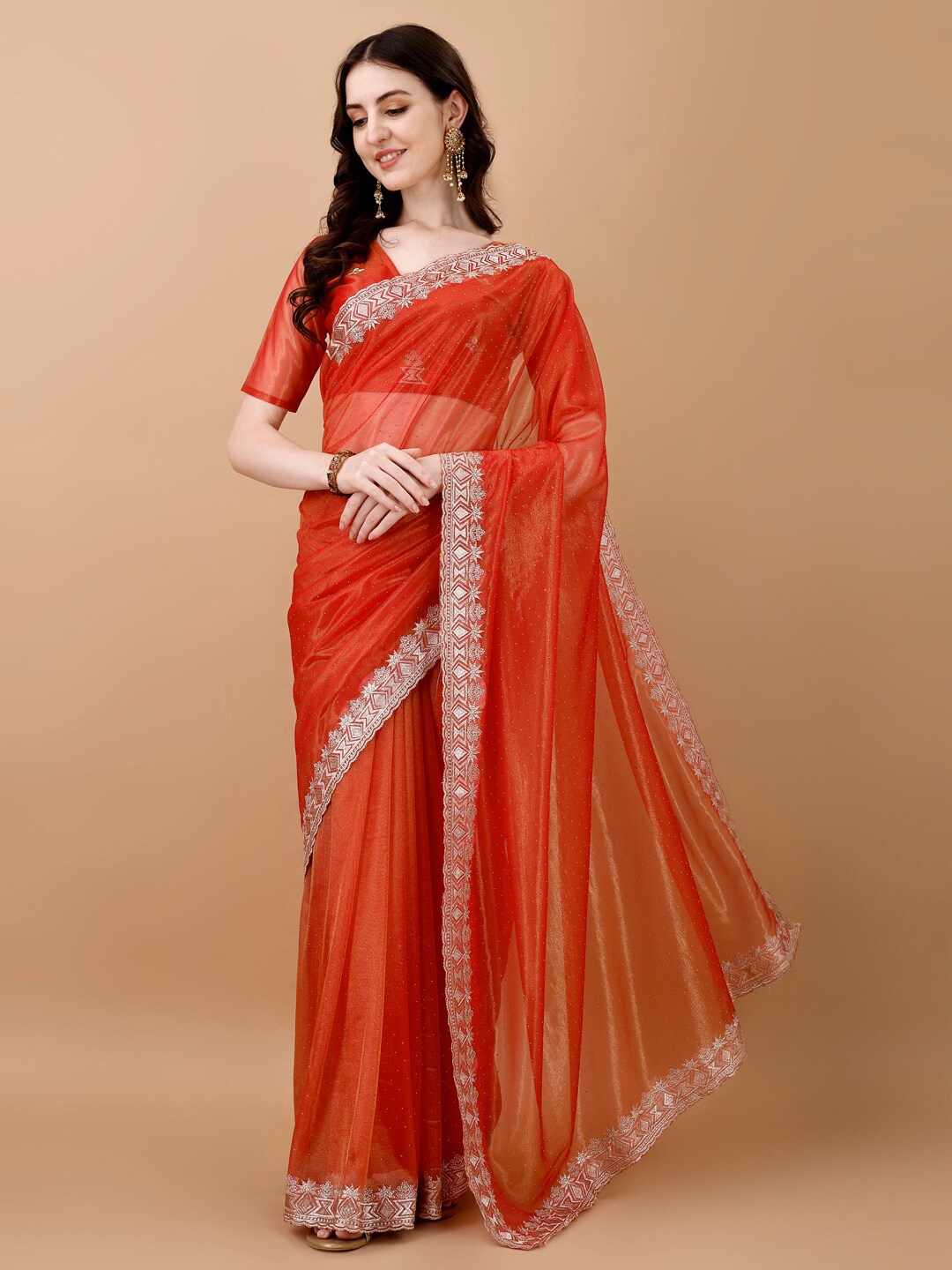 

FABMORA Ethnic Motifs Schiffli Net Saree, Orange