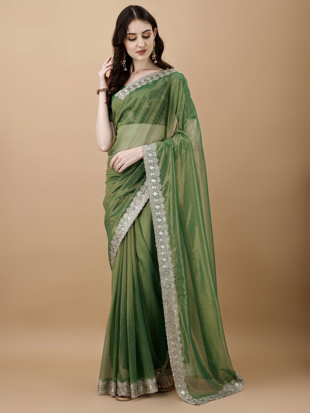 

FABMORA Ethnic Motifs Embroidered Net Saree, Green