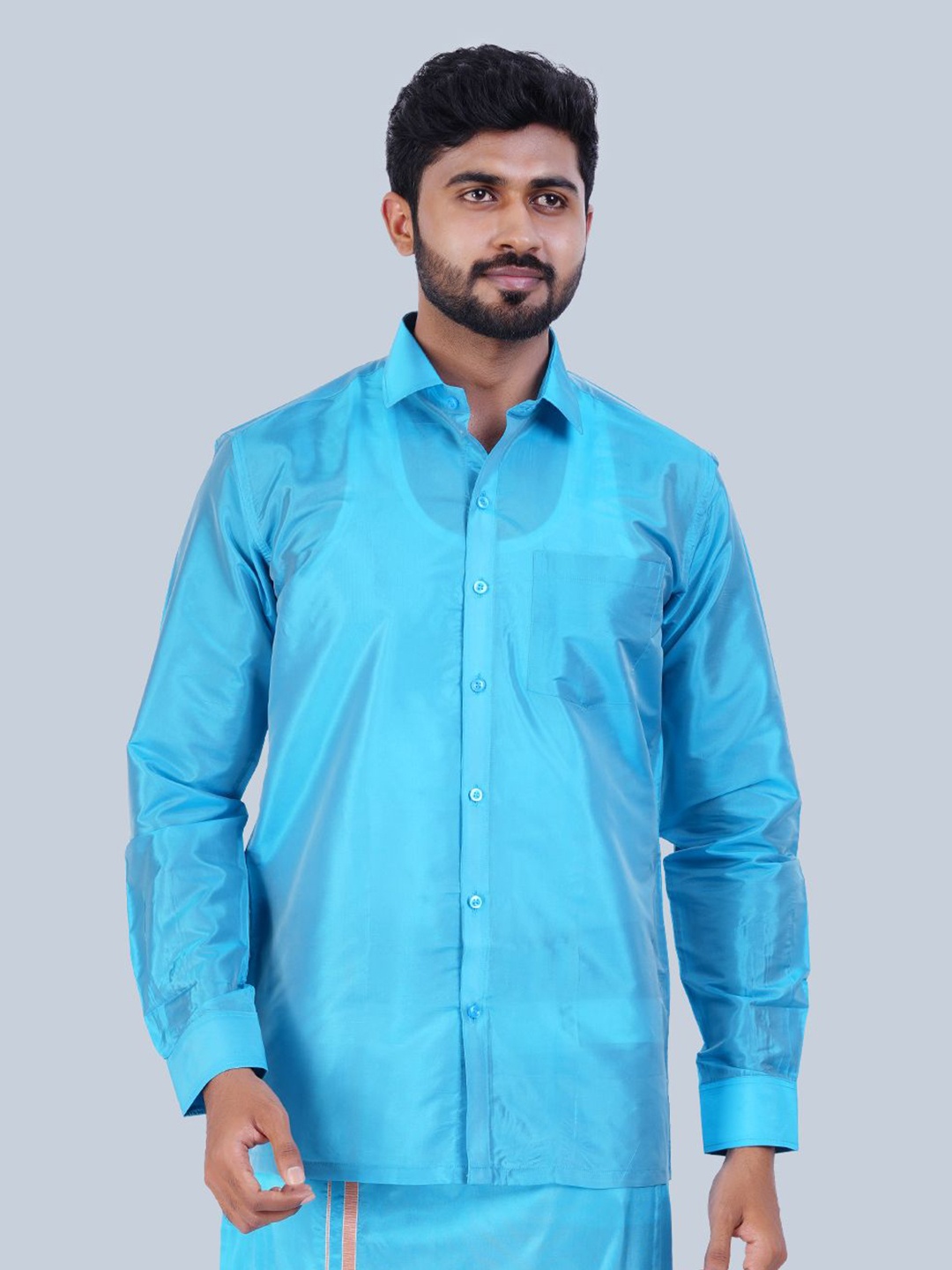 

THANGAMAGAN Men Standard Solid Sheer Spread Collar Party Shirt, Blue