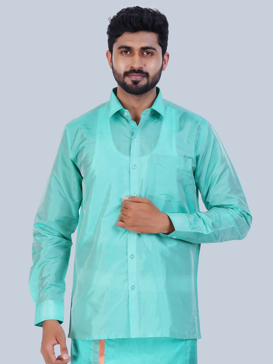 

THANGAMAGAN Men Standard Solid Sheer Spread Collar Party Shirt, Turquoise blue