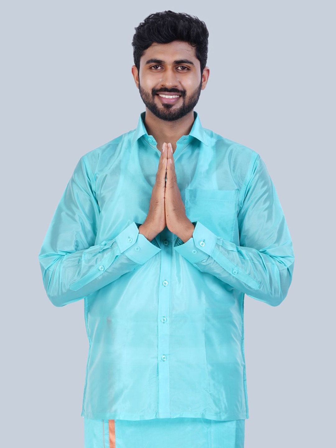 

THANGAMAGAN Men Standard Solid Sheer Spread Collar Party Shirt, Turquoise blue