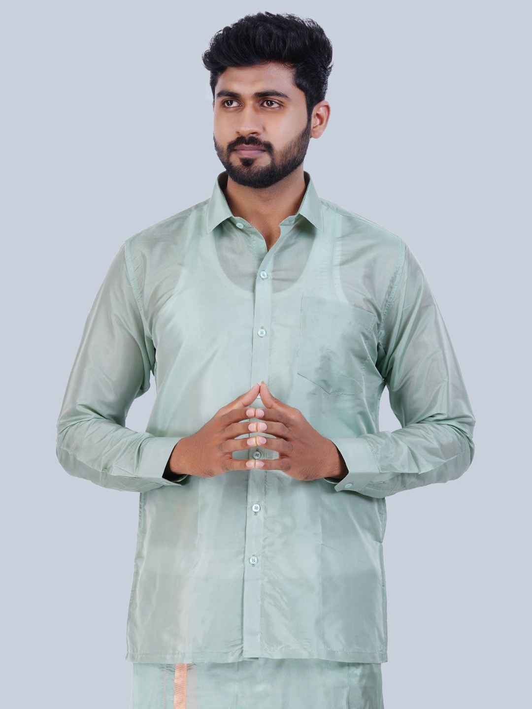 

THANGAMAGAN Men Standard Solid Sheer Spread Collar Party Shirt, Green