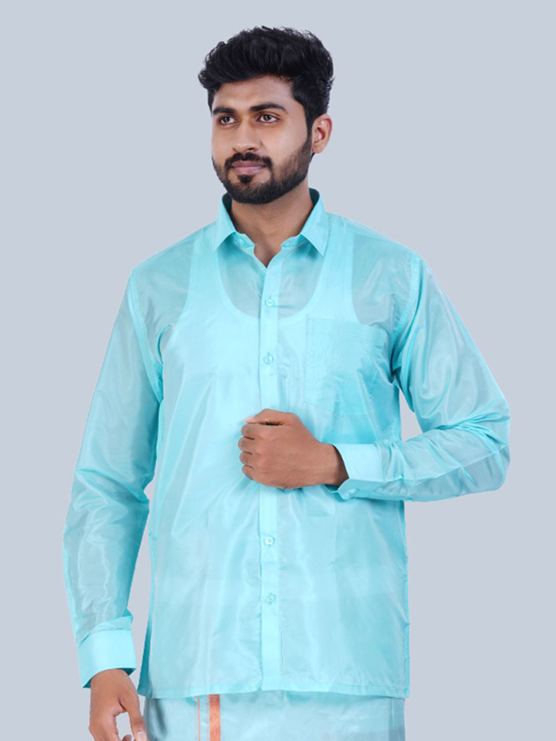 

THANGAMAGAN Men Standard Solid Sheer Spread Collar Party Shirt, Green
