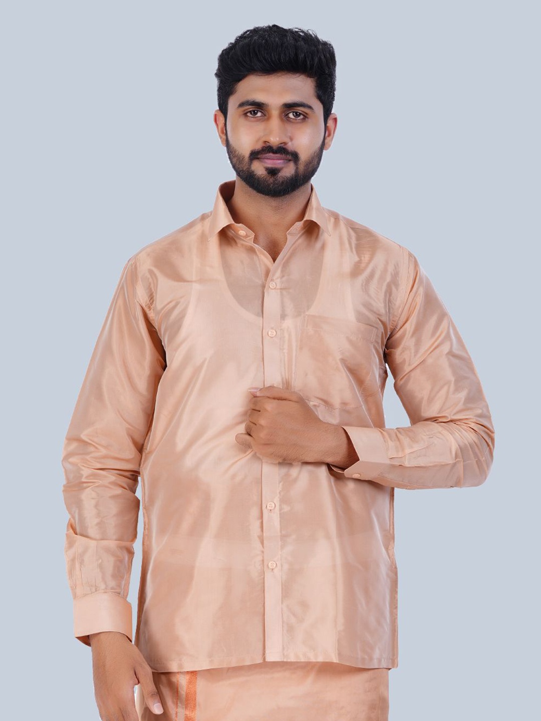 

THANGAMAGAN Men Standard Solid Sheer Spread Collar Party Shirt, Peach