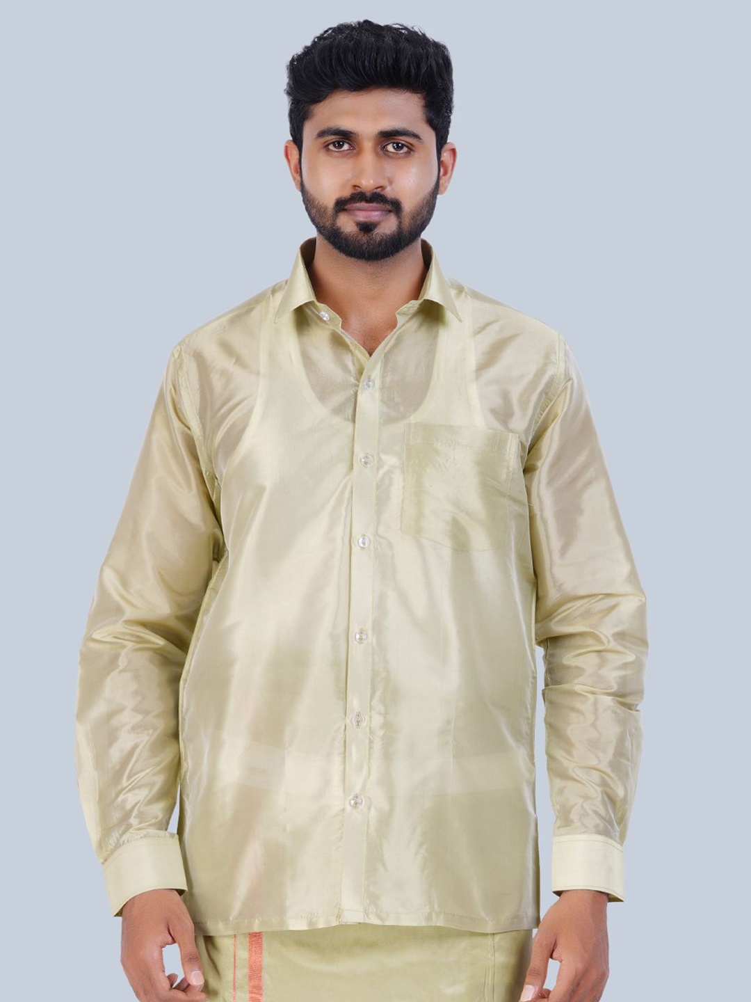 

THANGAMAGAN Men Standard Solid Sheer Spread Collar Party Shirt, Gold