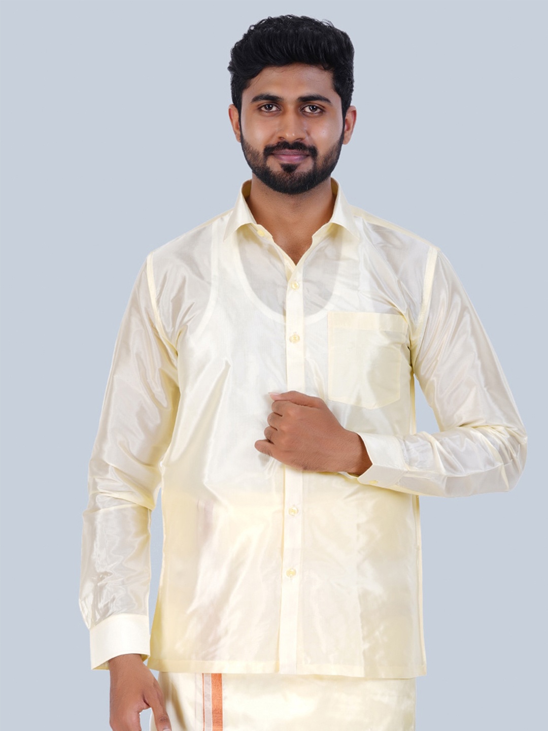 

THANGAMAGAN Men Standard Solid Sheer Spread Collar Party Shirt, Cream