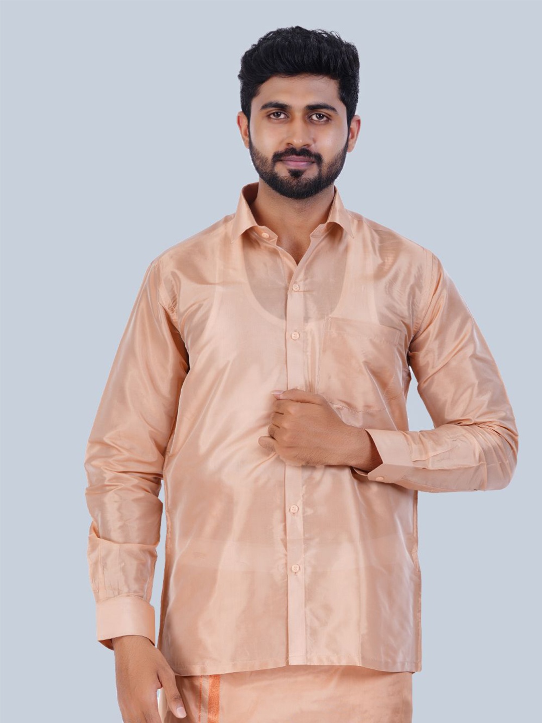 

THANGAMAGAN Men Standard Solid Sheer Spread Collar Party Shirt, Peach