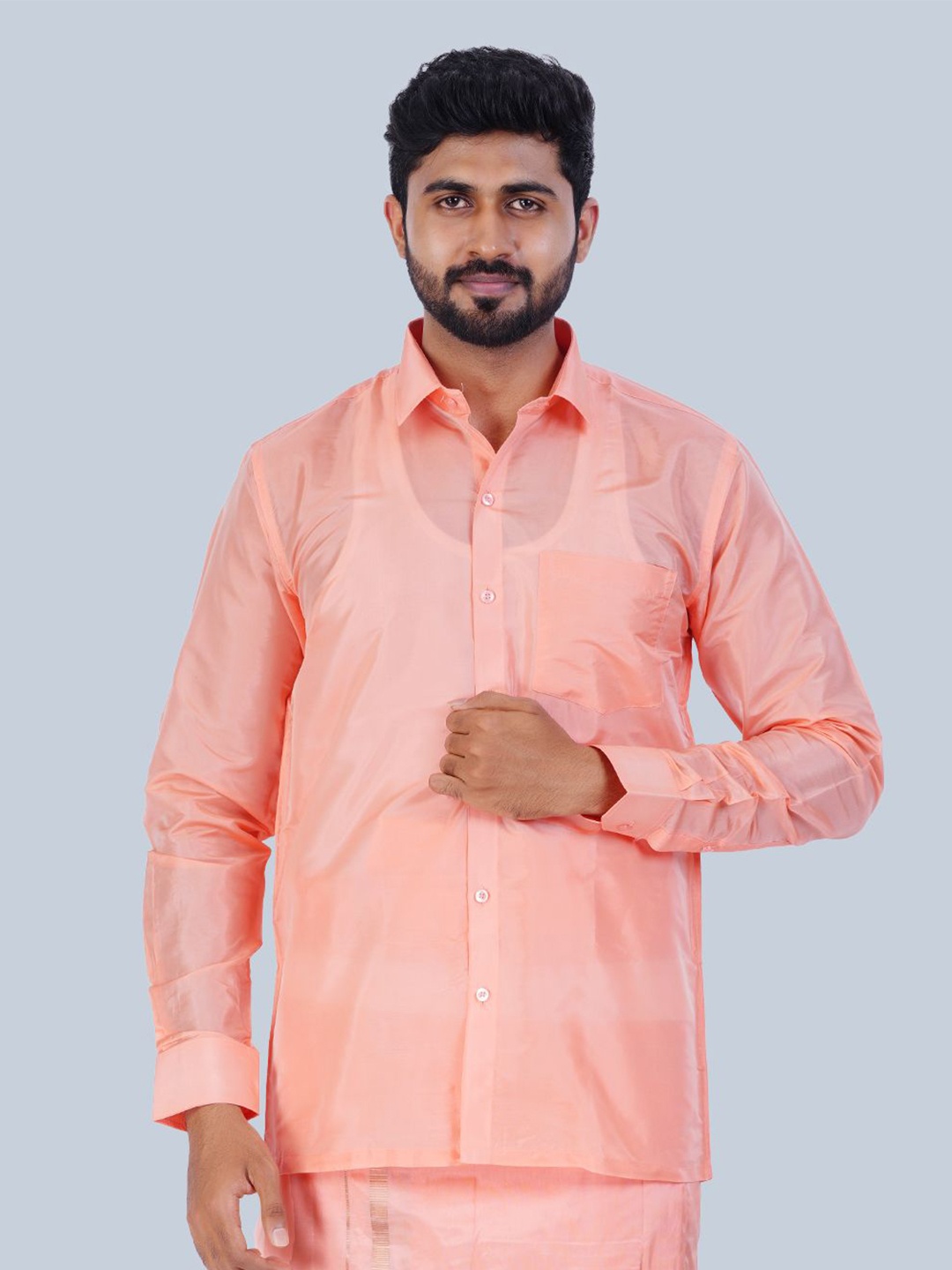 

THANGAMAGAN Men Standard Solid Sheer Spread Collar Party Shirt, Peach