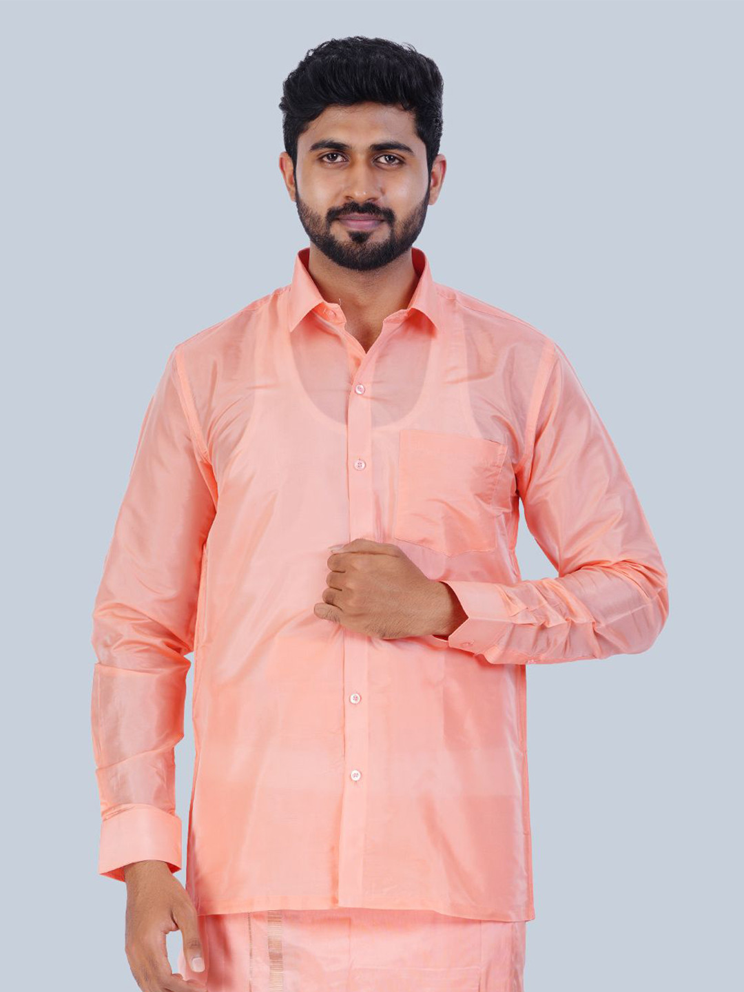 

THANGAMAGAN Men Standard Solid Sheer Spread Collar Party Shirt, Peach