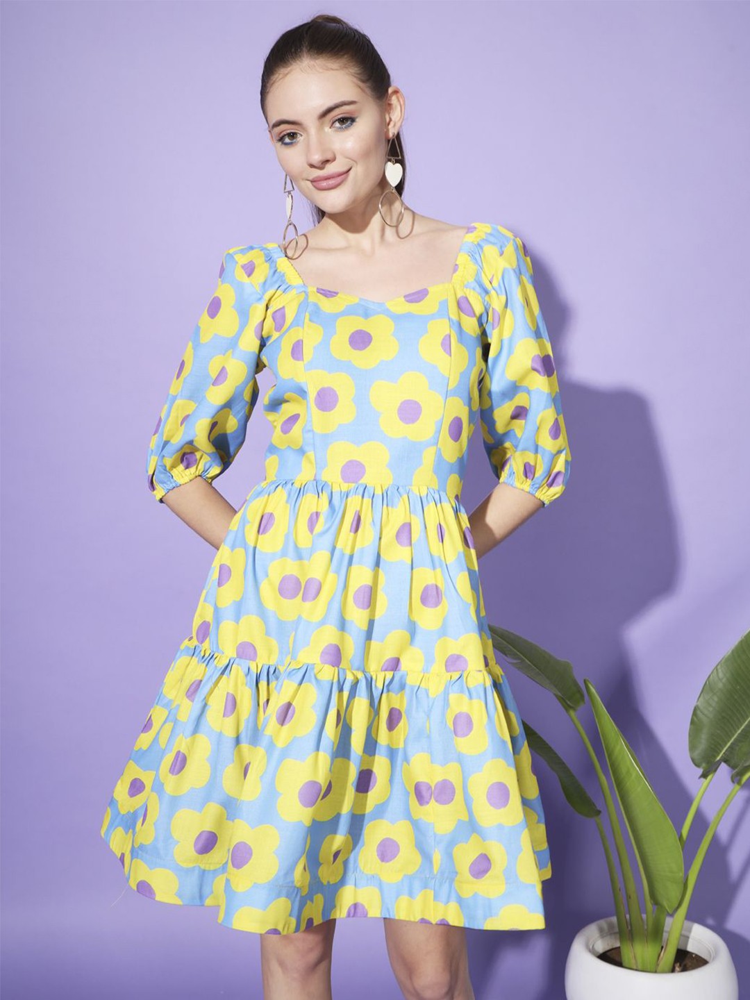 

BAESD Floral Printed Puff Sleeve Fit & Flare Dress, Blue