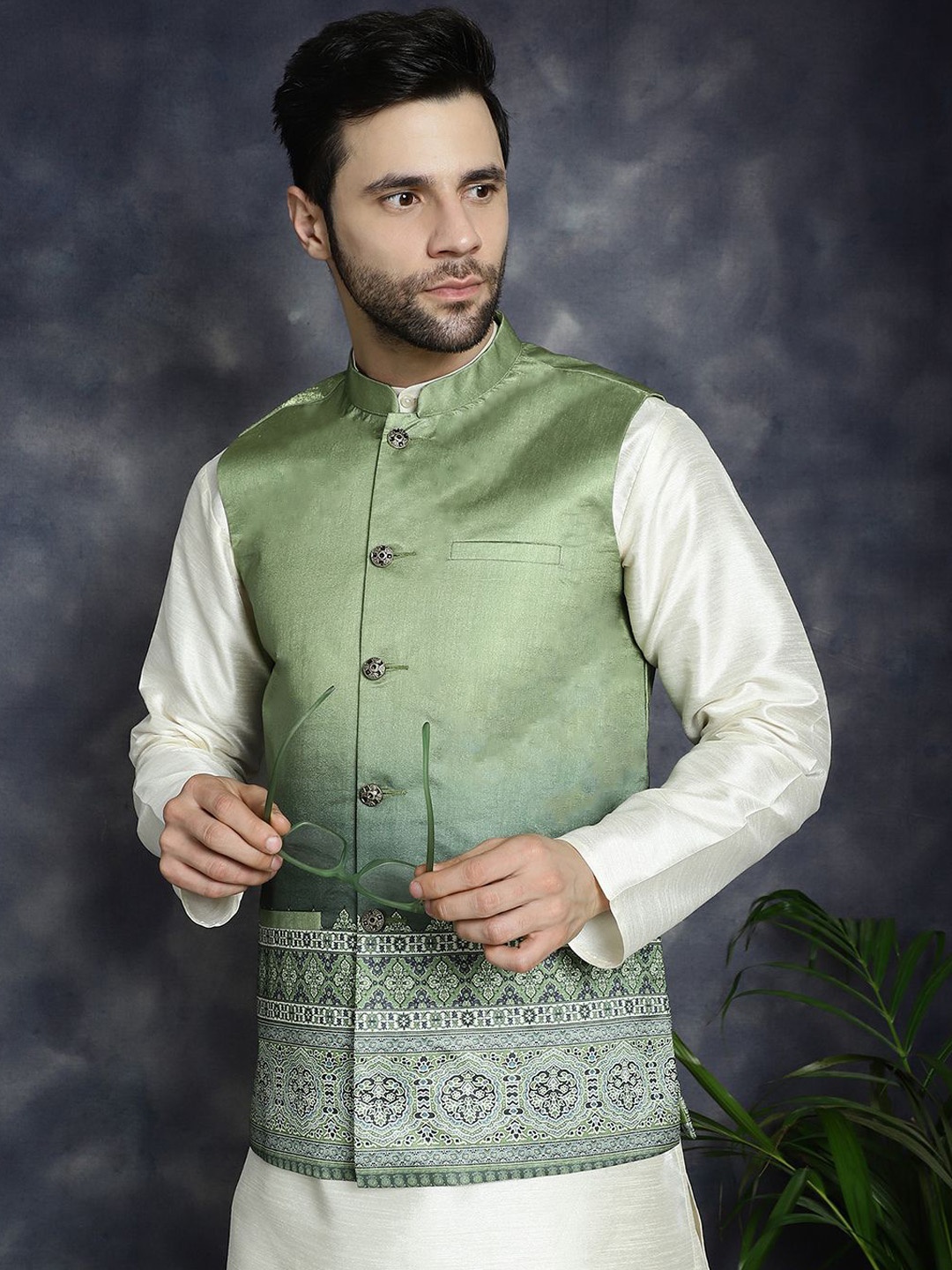 

Jompers Printed Satin Design Nehru Jacket, Green