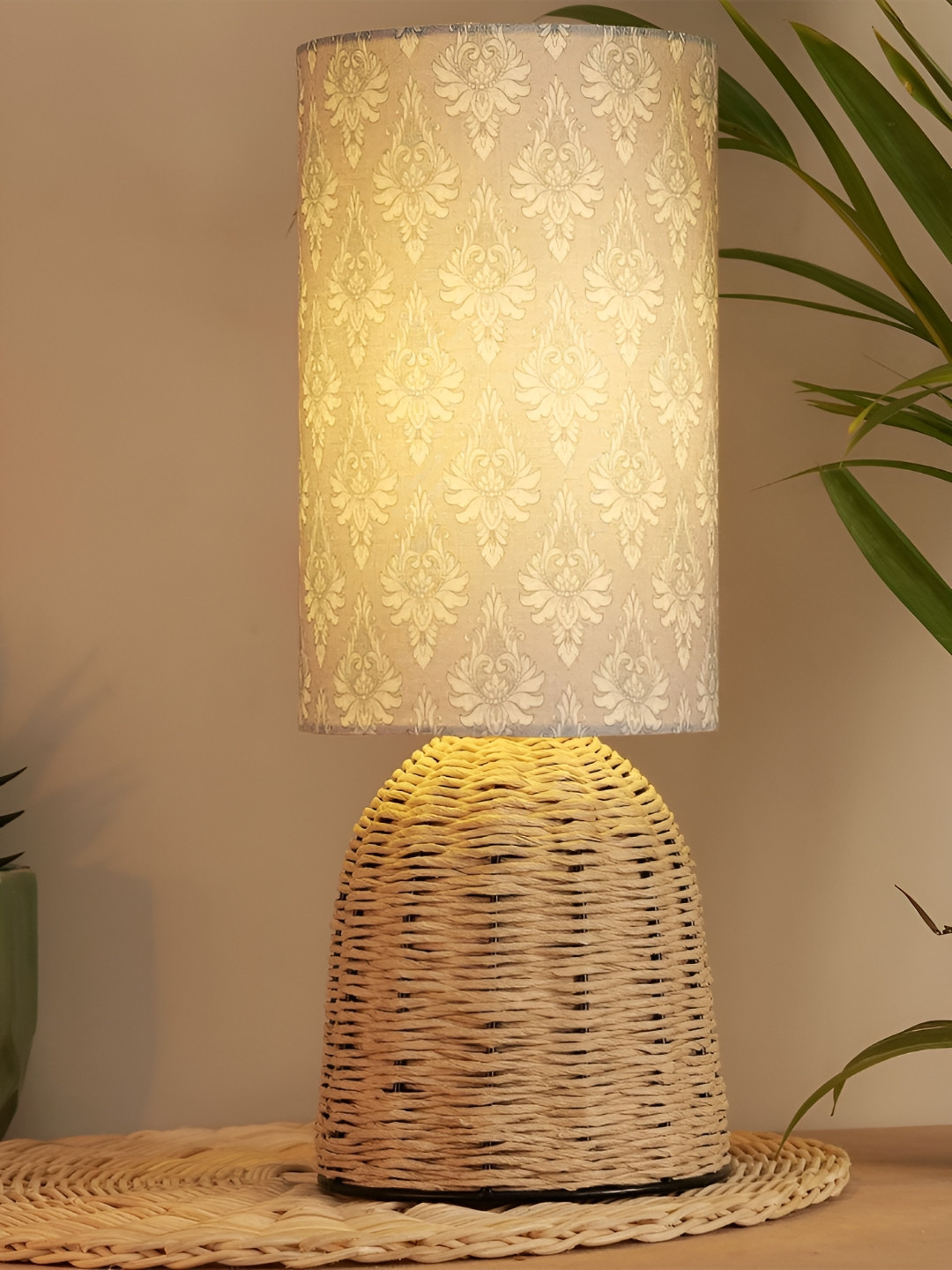 

Decazone Grey & Beige Printed Cotton Cylindrical Shaped Table Lamp