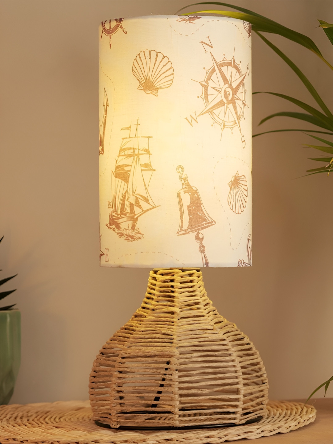 

Decazone White & Beige Printed Cotton Cylindrical Shaped Table Lamp