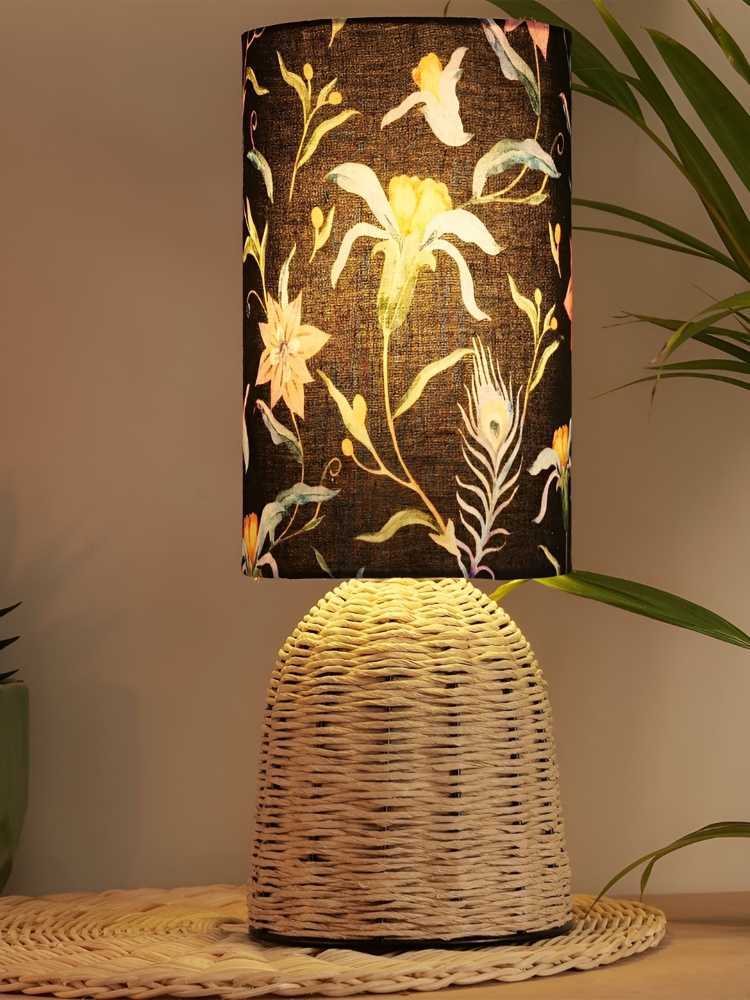 

Decazone Black & Beige Floral Printed Cotton Cylindrical Shaped Table Lamp