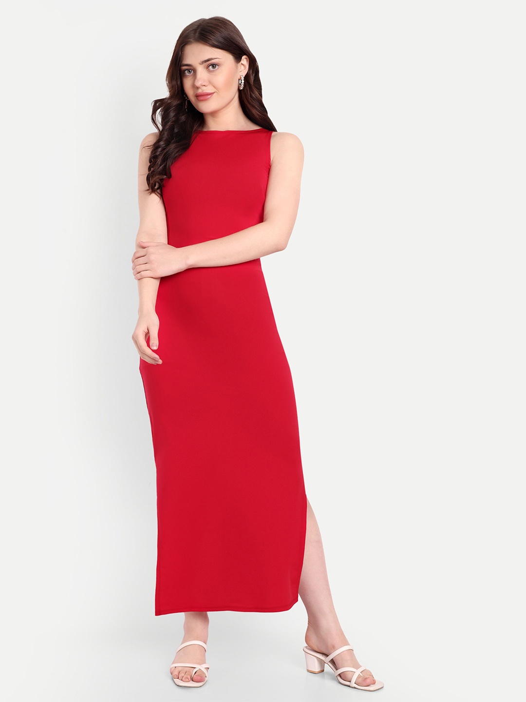 

So What Solid Sleeveless Maxi Dress, Red