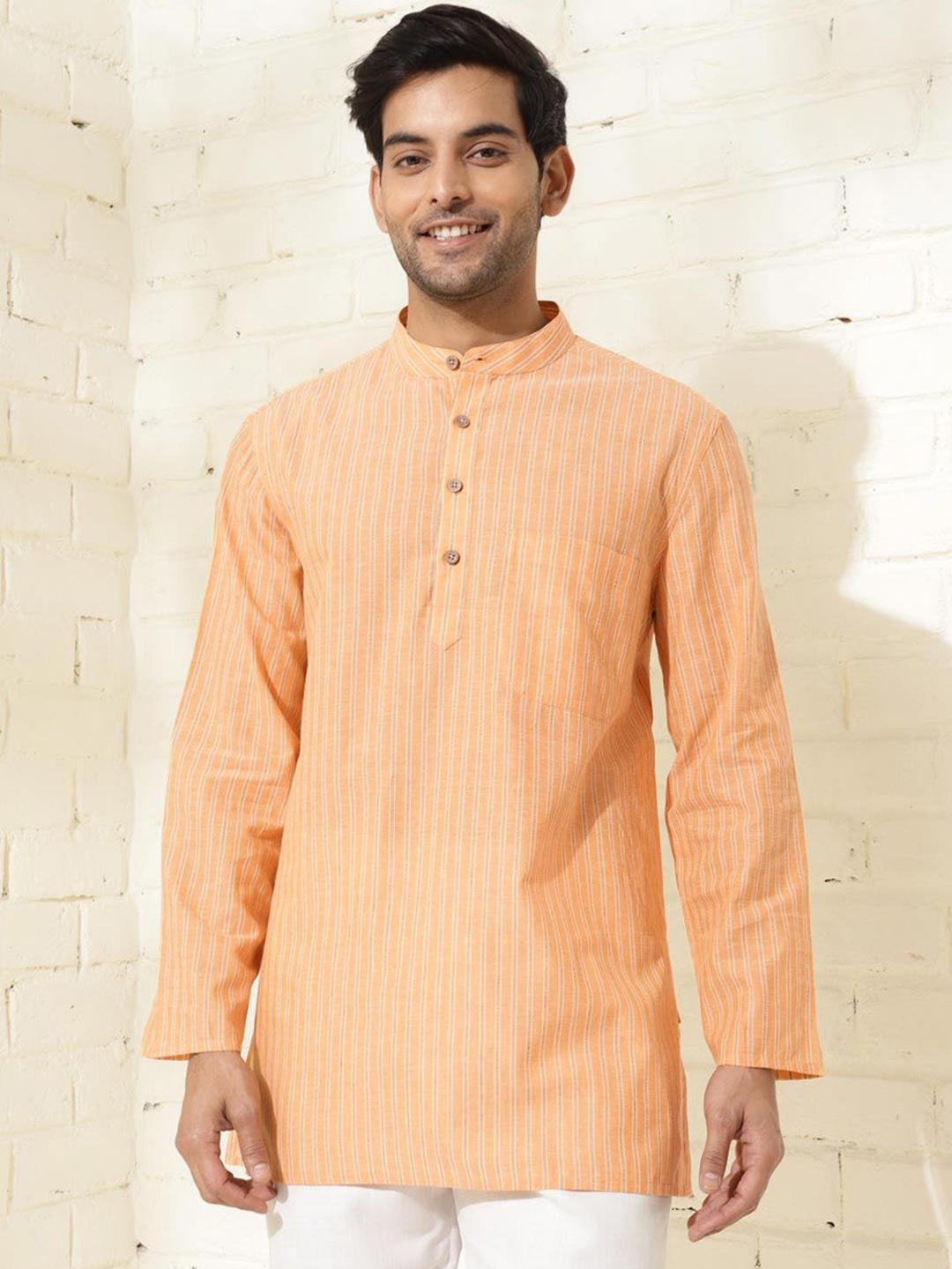 

Fabindia Striped Band Collar Cotton Straight Kurta, Orange