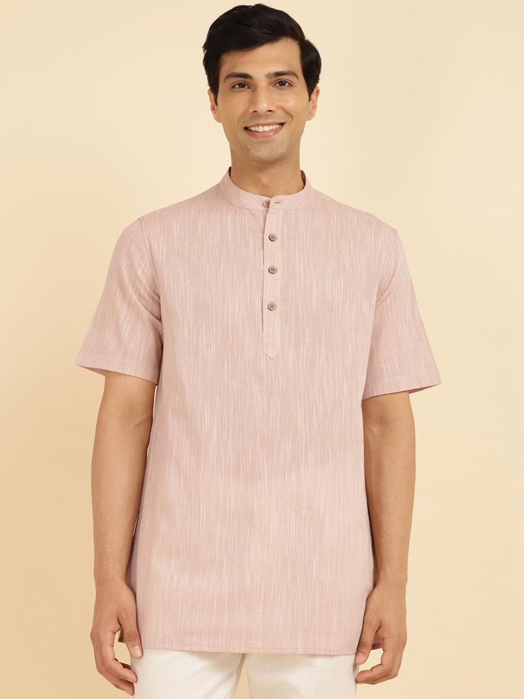 

Fabindia Striped Band Collar Straight Cotton Kurta, Beige