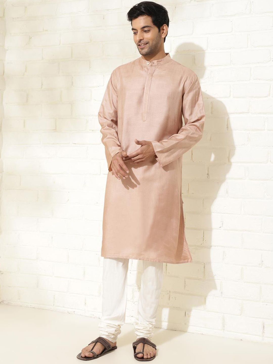 

Fabindia Mandarin Collar Long Sleeves Knee Length Silk Kurta, Beige