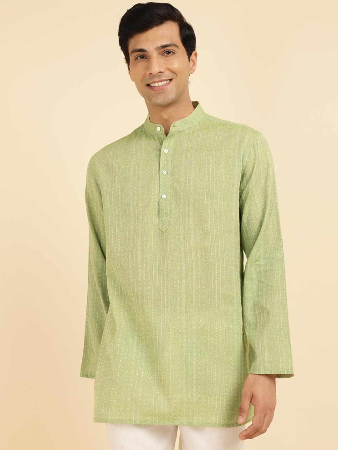 

Fabindia Striped Mandarin Collar Thread Work Cotton Straight Short Kurta, Green