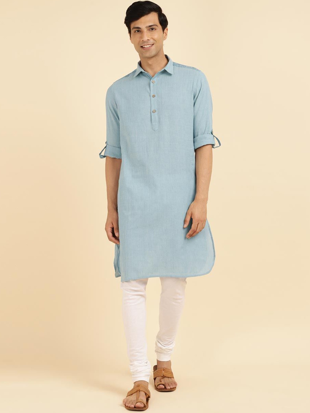 

Fabindia Roll-Up Sleeves Cotton Pathani Kurta, Blue