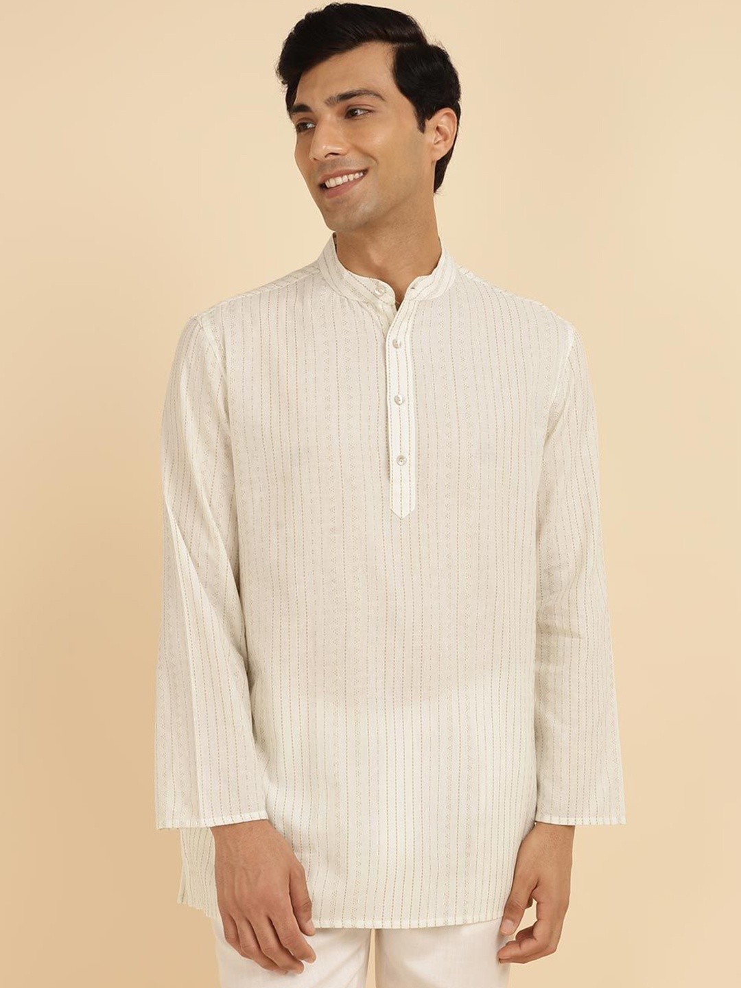 

Fabindia Striped Mandarin Collar Kurta, Beige