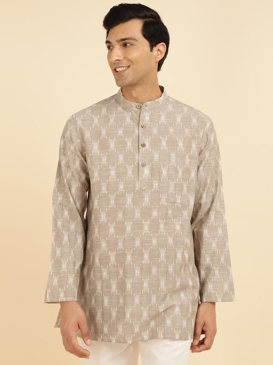 

Fabindia Ethnic Motifs Woven Designed Band Collar Cotton Straight Kurta, Grey