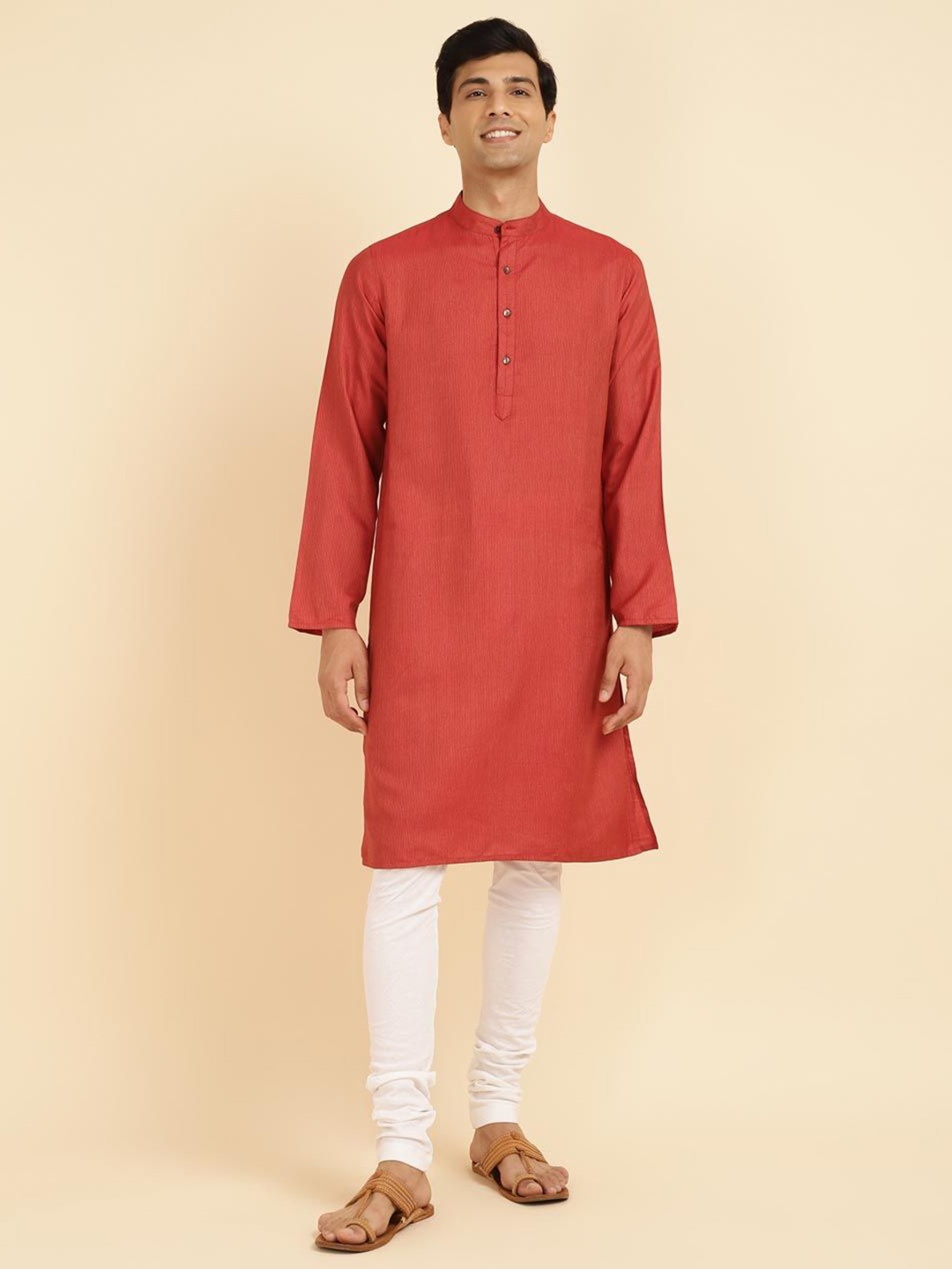 

Fabindia Striped Band Collar Straight Kurta, Rust