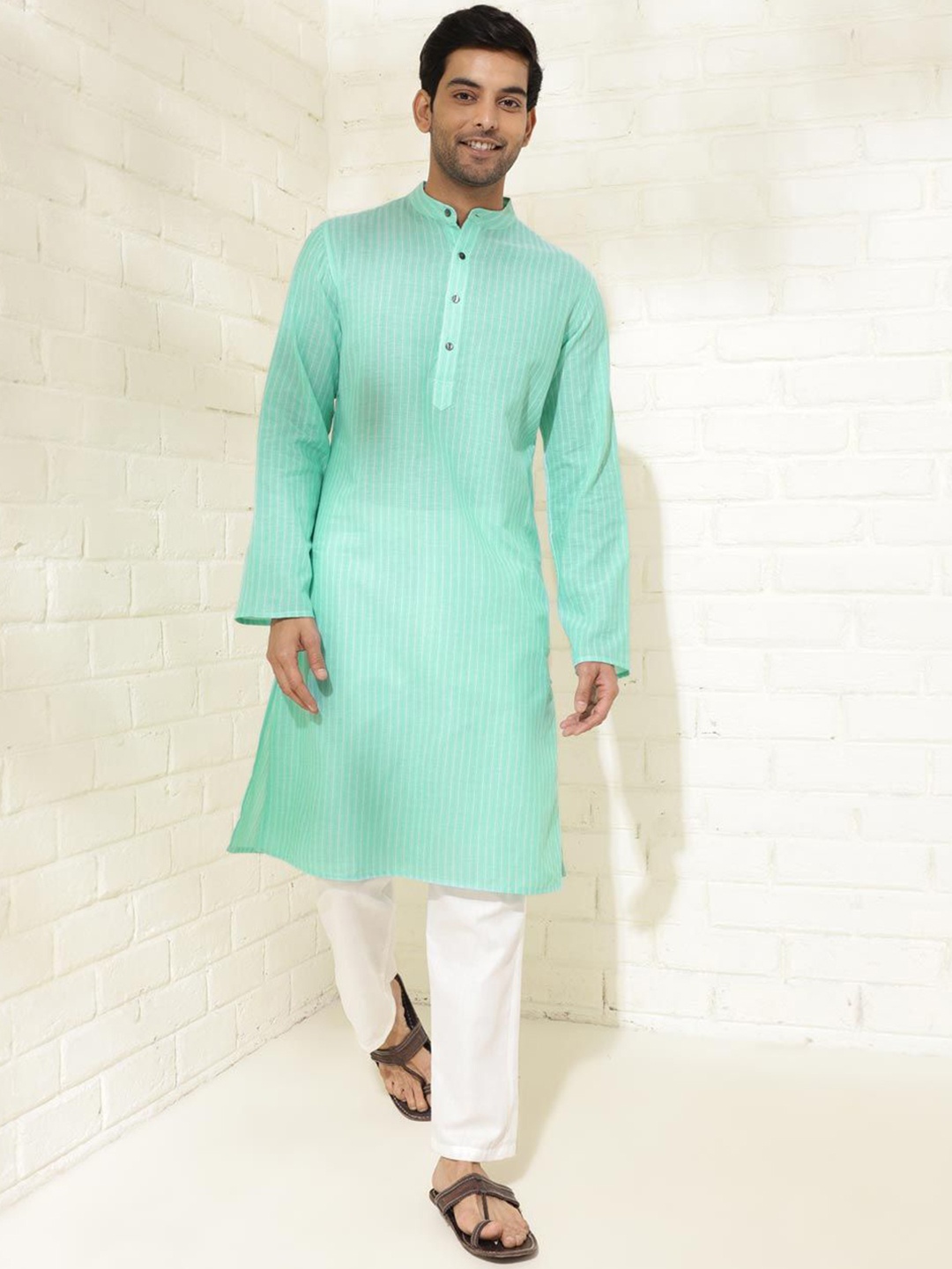 

Fabindia Striped Band Collar Cotton Straight Kurta, Green