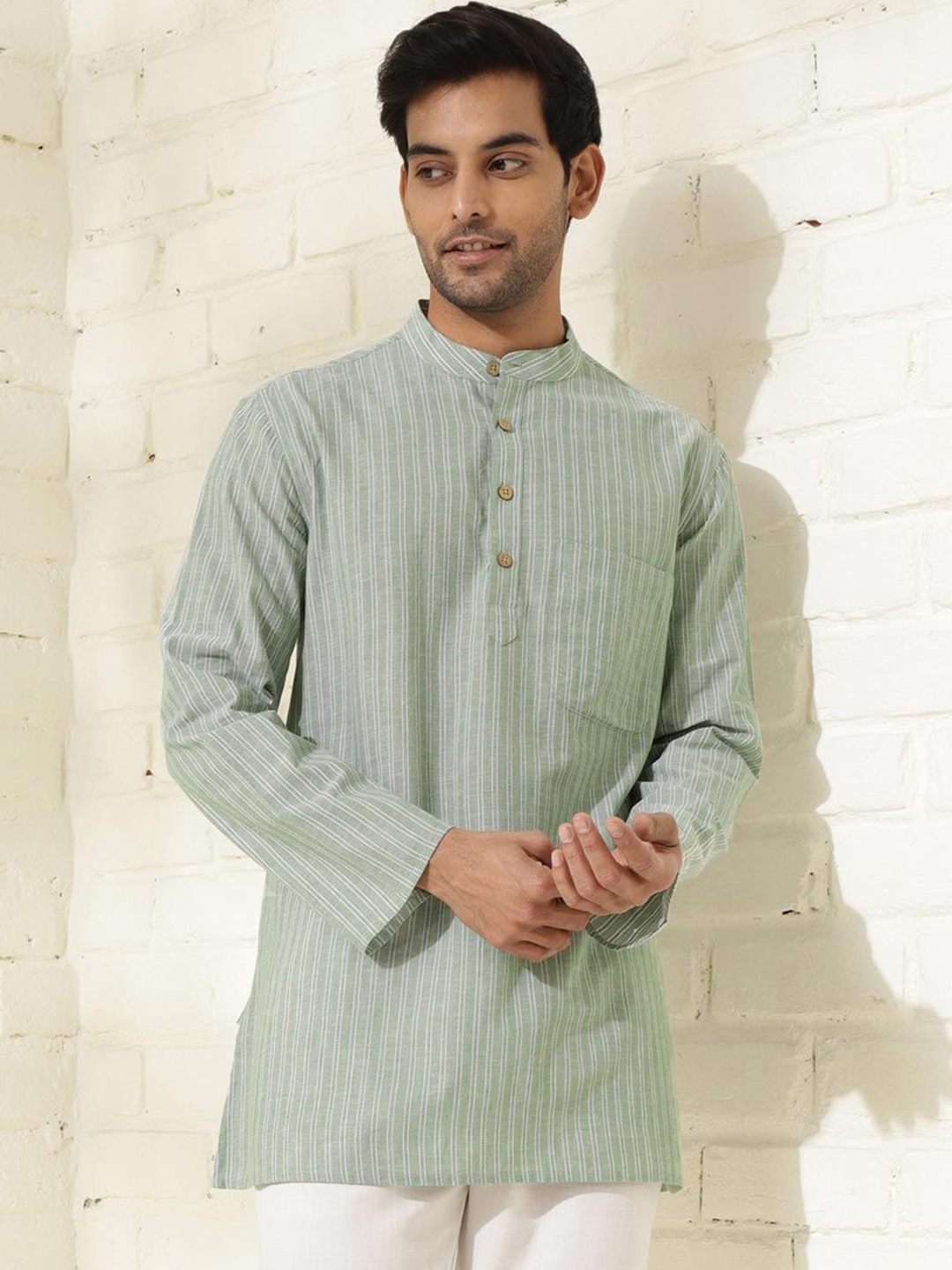 

Fabindia Striped Band Collar Cotton Straight Kurta, Green