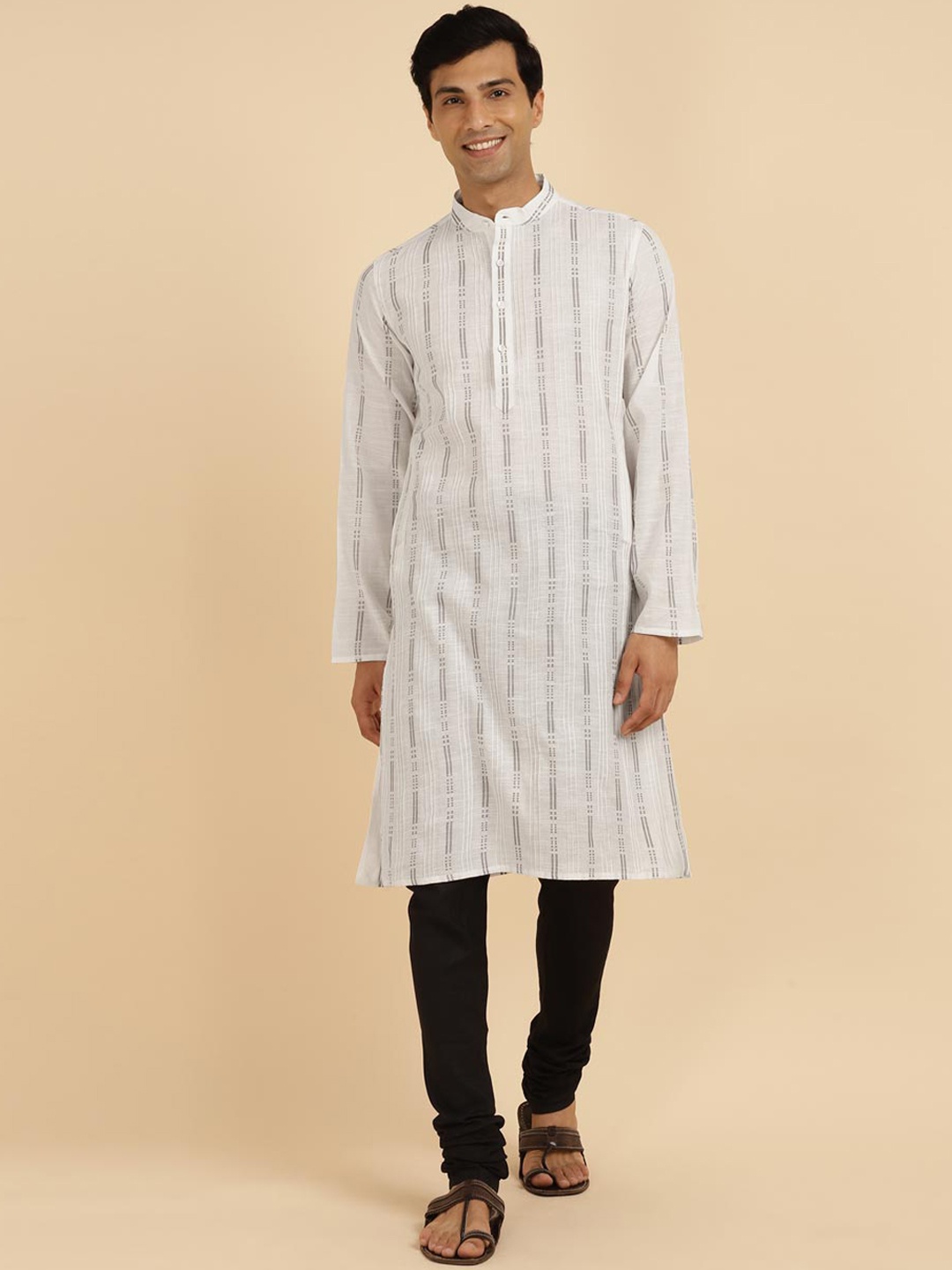 

Fabindia Striped Mandarin Collar Cotton Straight Kurta, White