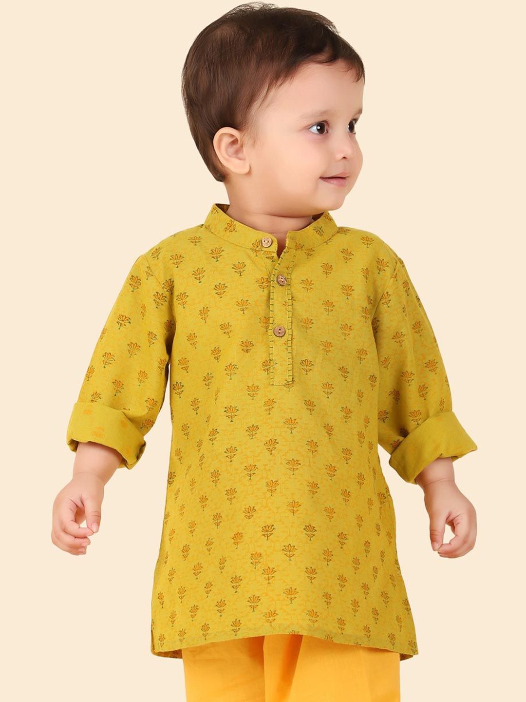 

Fabindia Boys Floral Printed Band Collar Cotton Straight Kurta, Lime green