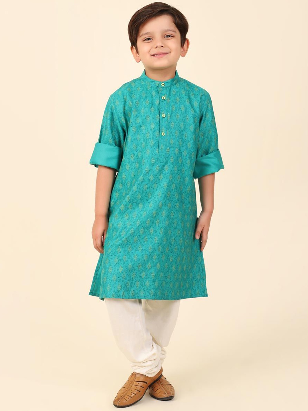 

Fabindia Boys Ethnic Motifs Printed Band Collar A-Line Kurta, Teal