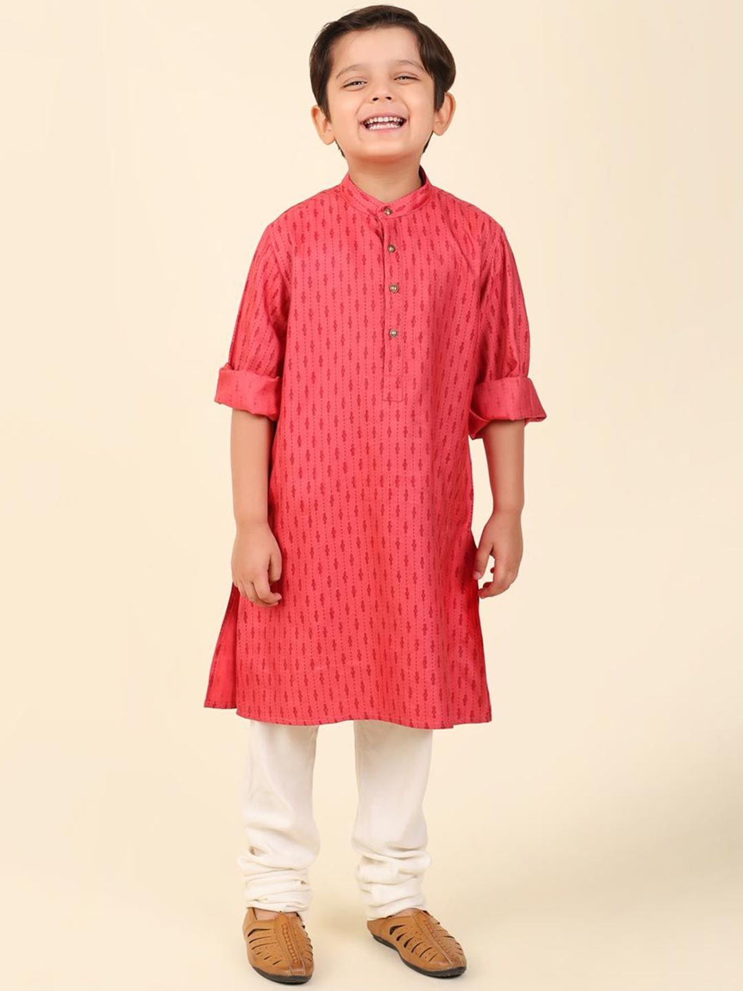 

Fabindia Boys Geometric Printed Band Collar Straight Kurta, Red