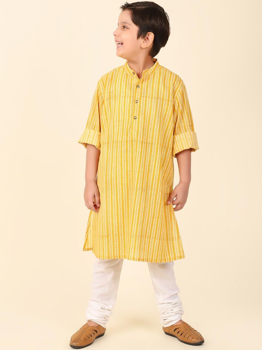 

Fabindia Boys Striped Mandarin Collar Roll-Up Sleeves Cotton Straight Kurta, Yellow