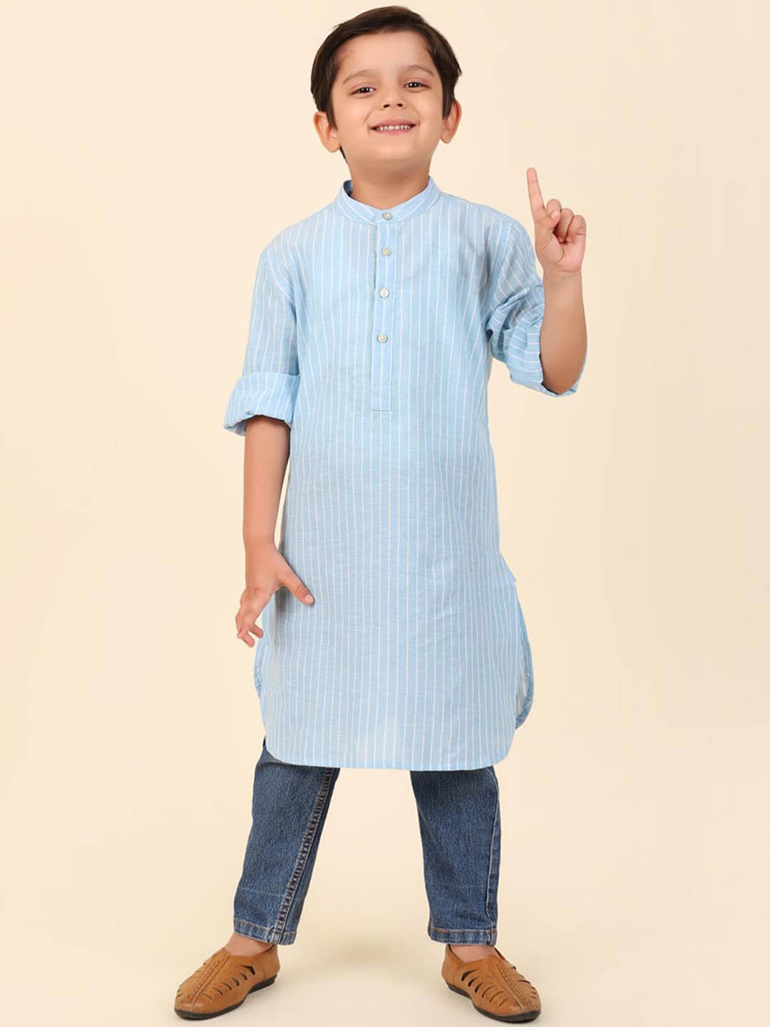 

Fabindia Boys Striped Band Collar Cotton Pathani Kurta, Blue