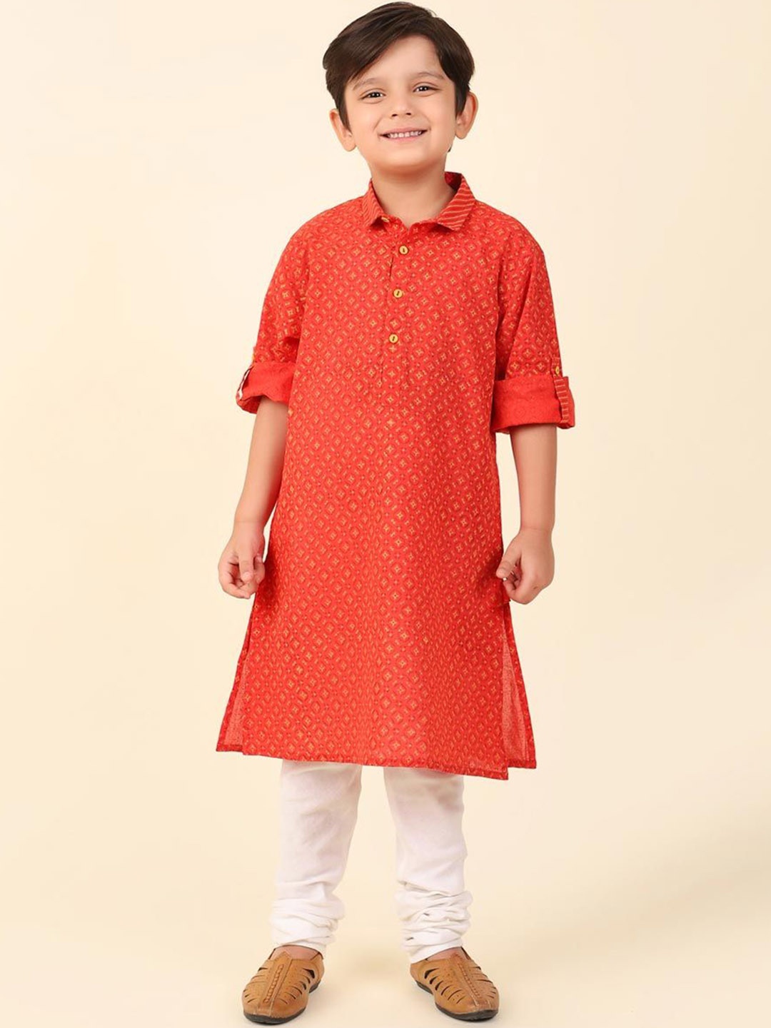 

Fabindia Boys Geometric Printed Shirt Collar Cotton Pathani Kurta, Red