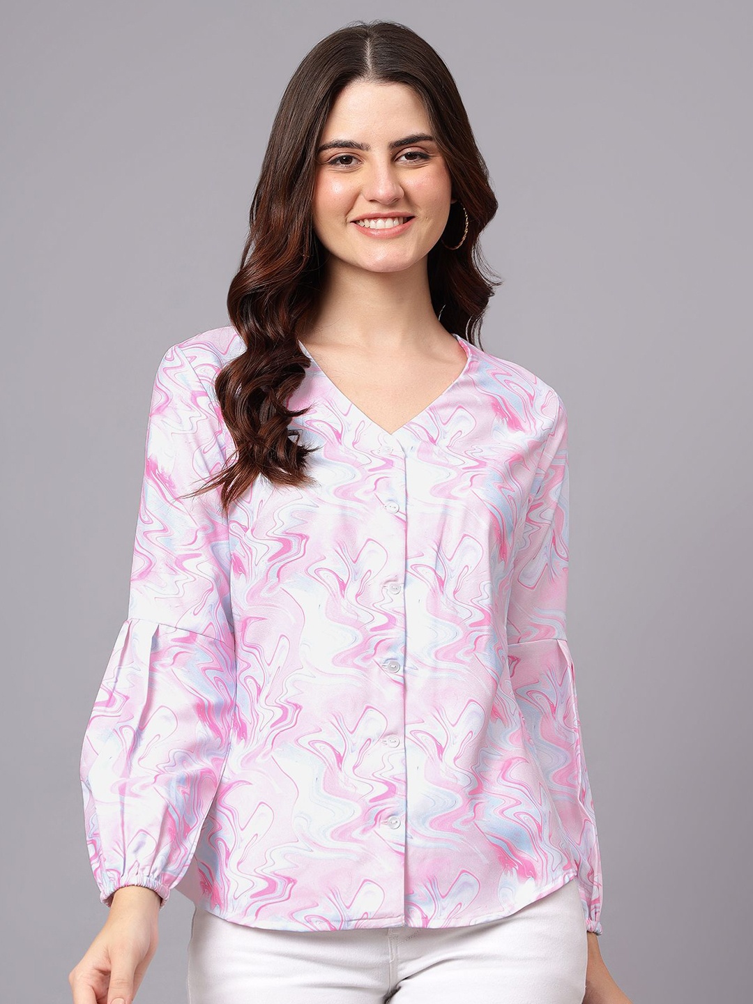 

Cantabil Abstract Printed V-Neck Puff Sleeve Top, Pink