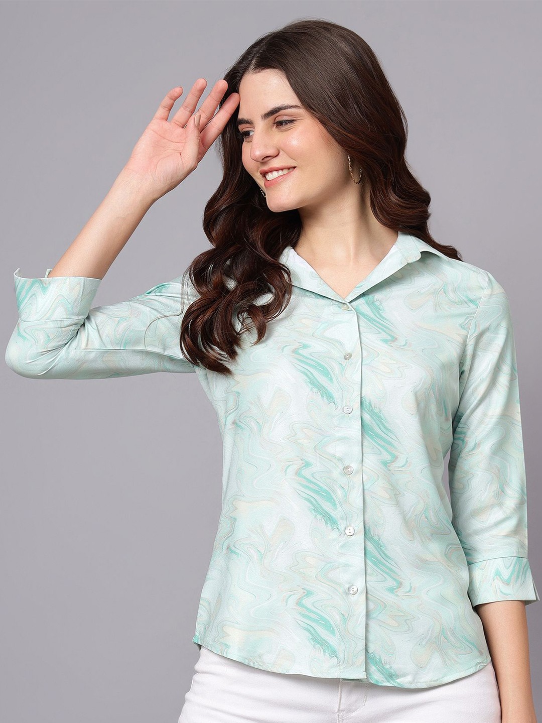 

Cantabil Abstract Printed Cuban Collar Shirt Style Top, Green